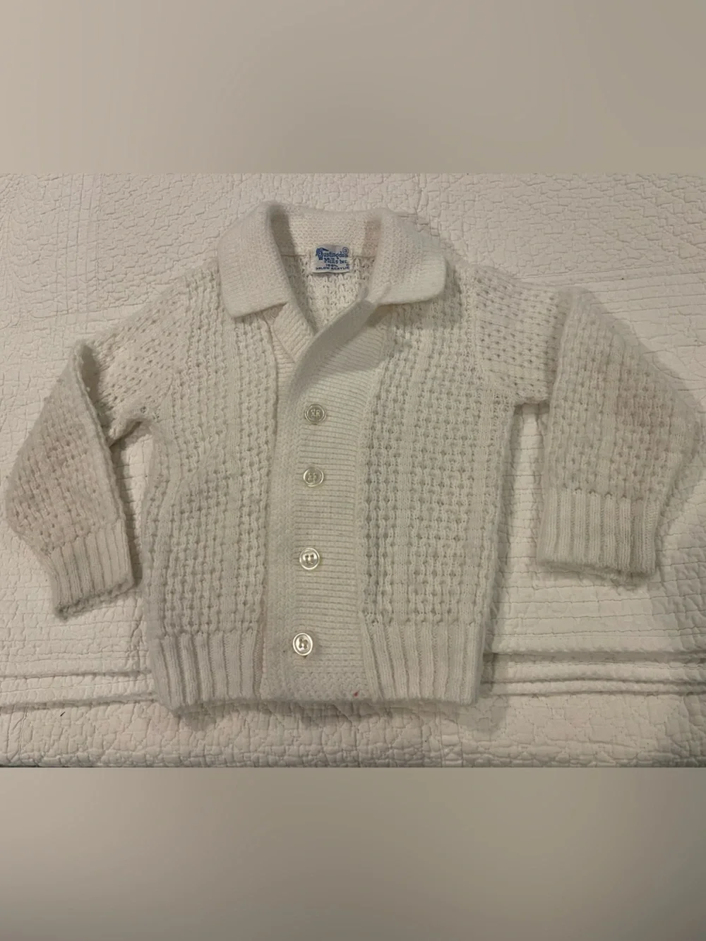 Vintage Huntingdon Mills 100% Orlon Acrylic White Knit Cardigan Sweater Sz 3